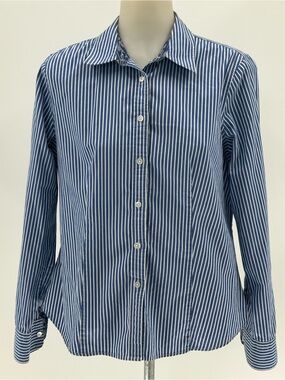 Talbots Stretch Wrinkle Free Blue & White Vertical Stripe Button-Up Shirt